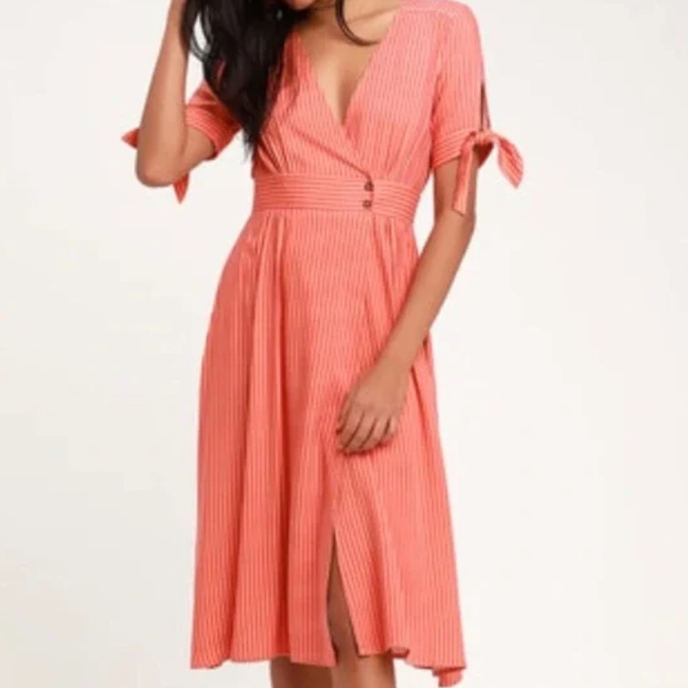 NWT Lulus Sunshine Dreamer Coral Orange Midi Wrap Dress  Stripe Sz S
